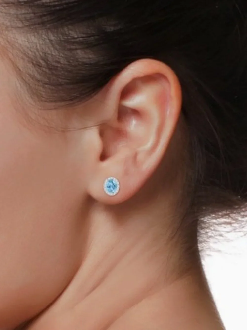 Prong-Set Oval Swiss Blue Topaz Stud Earrings with Diamond Halo
